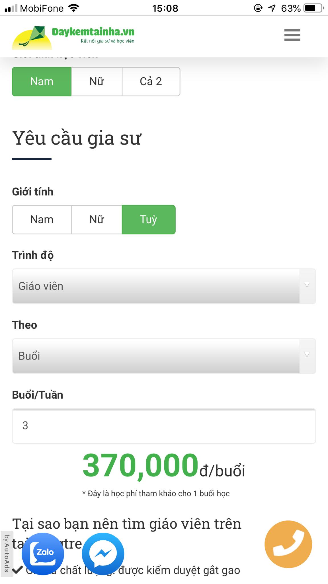Học phí Sinh học 12